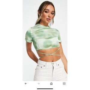 TOPSHOP Size 4 Crop Top Wrap Around Tie Dye Green Silky Soft